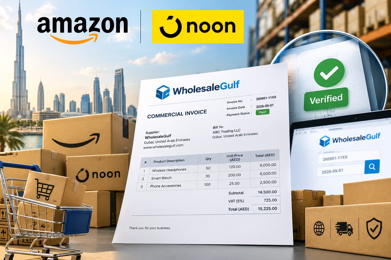 A WholesaleGulf commercial invoice for an Amazon and Noon seller shown beside an online invoice verification screen, with wholesale cartons and the Dubai skyline behind